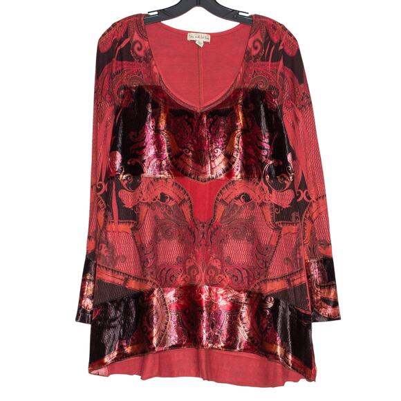 Tunic Sweater Velvet Whimsigoth Boho Romantic Goth Festival Red Black Size Large - Picture 1 of 7